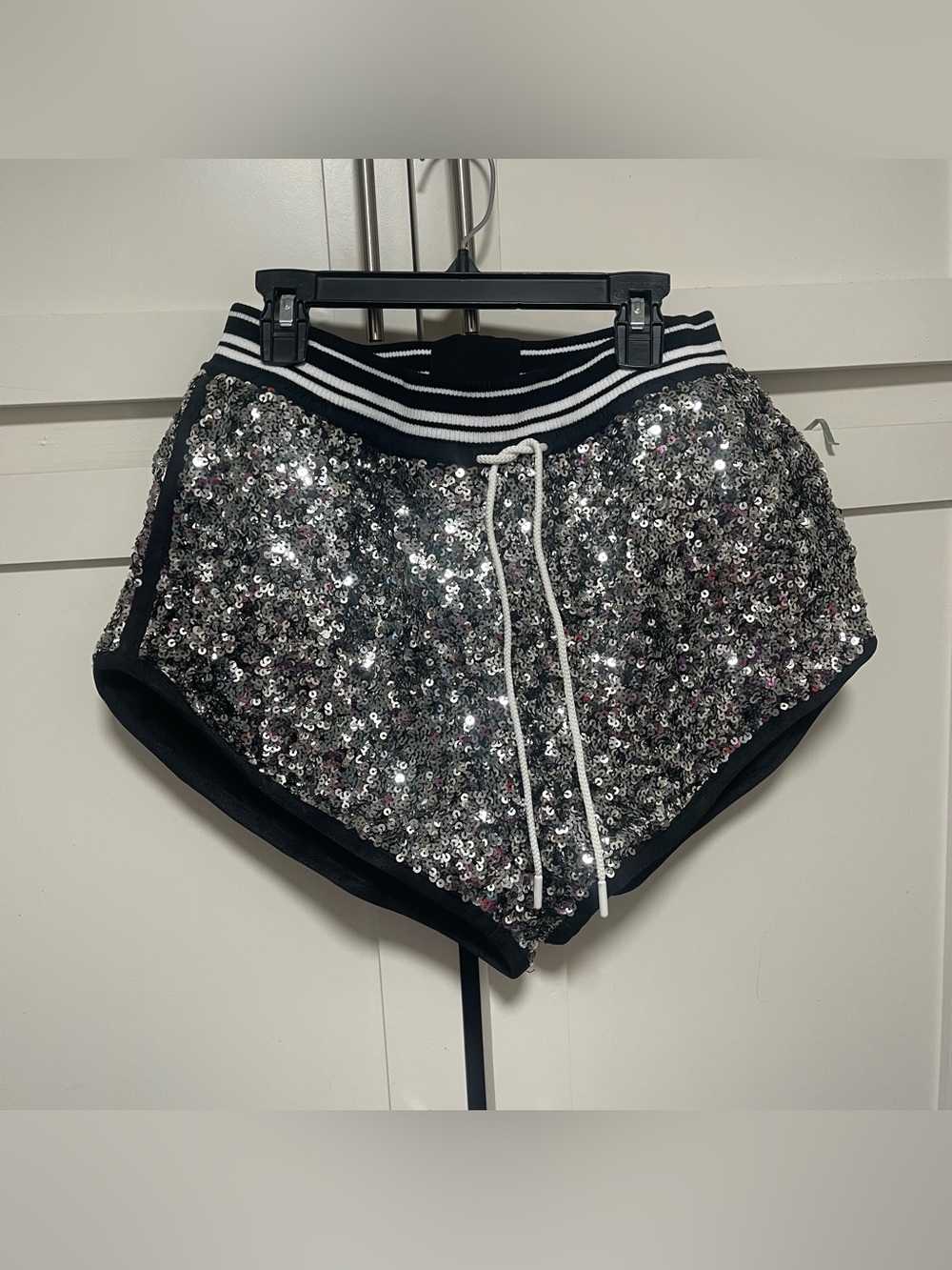 FP Movement by Free People Silver Sequin Athletic Shorts with Striped Waistband - Picture 3 of 10